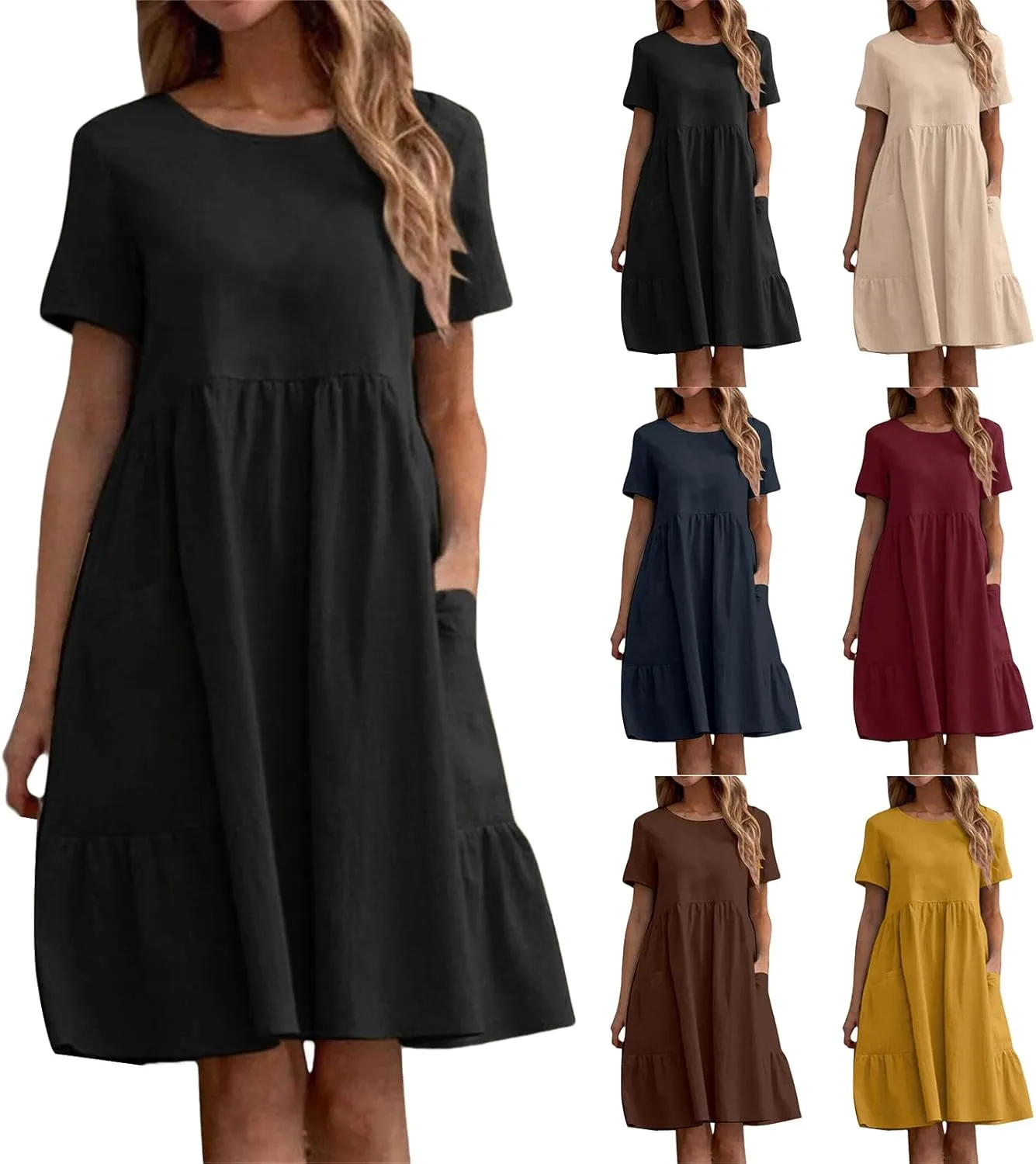 Womens Linen Cotton Dress Casual Crewneck Short Sleeve Tshirt Dress Summer A-line High Waist Swing Flowy Sundress