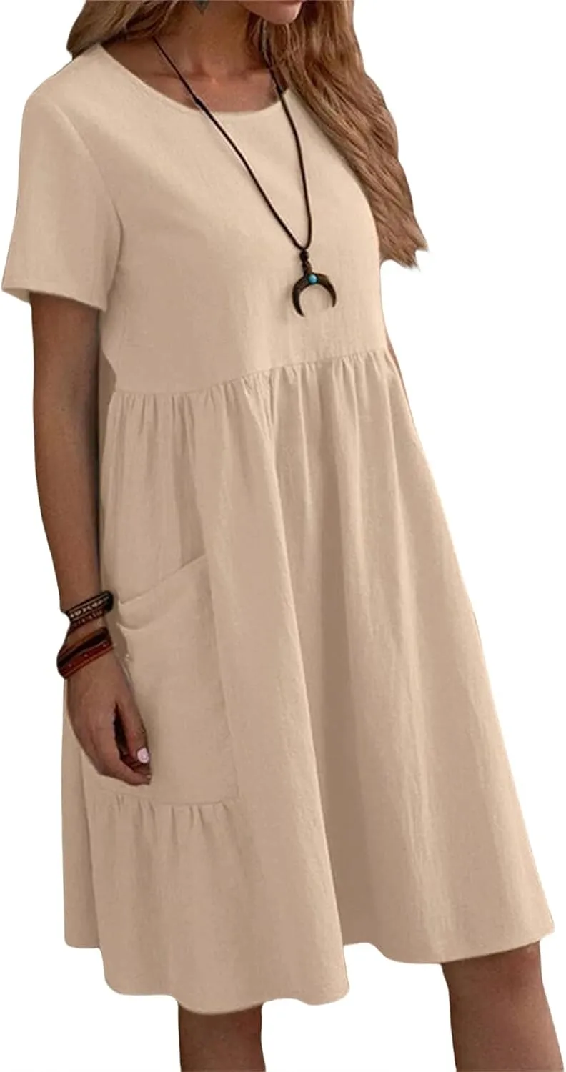 Womens Linen Cotton Dress Casual Crewneck Short Sleeve Tshirt Dress Summer A-line High Waist Swing Flowy Sundress