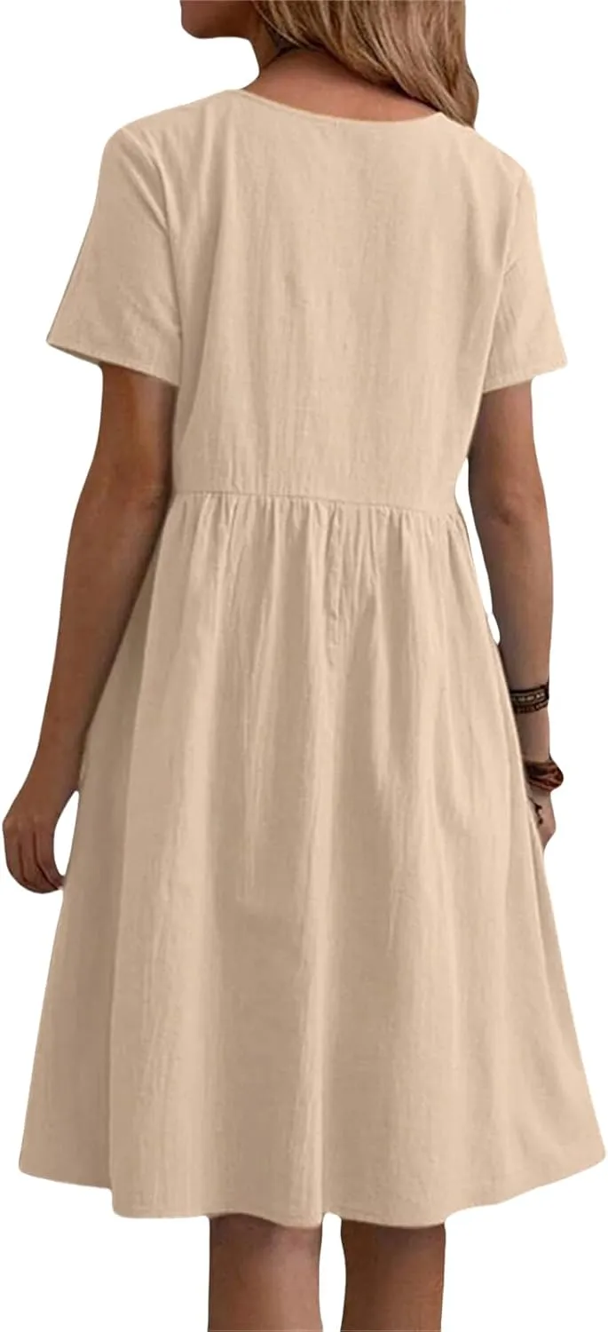Womens Linen Cotton Dress Casual Crewneck Short Sleeve Tshirt Dress Summer A-line High Waist Swing Flowy Sundress