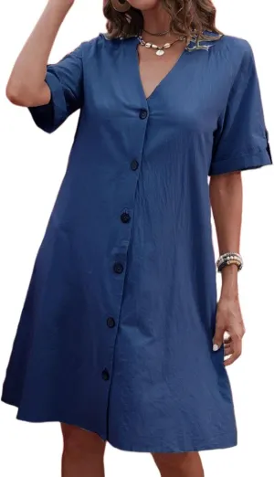 Women's Linen Midi Dress Oversized Short Sleeve Sundress V-Neck Button Down Dresses Solid Basic Loungewear Dresses