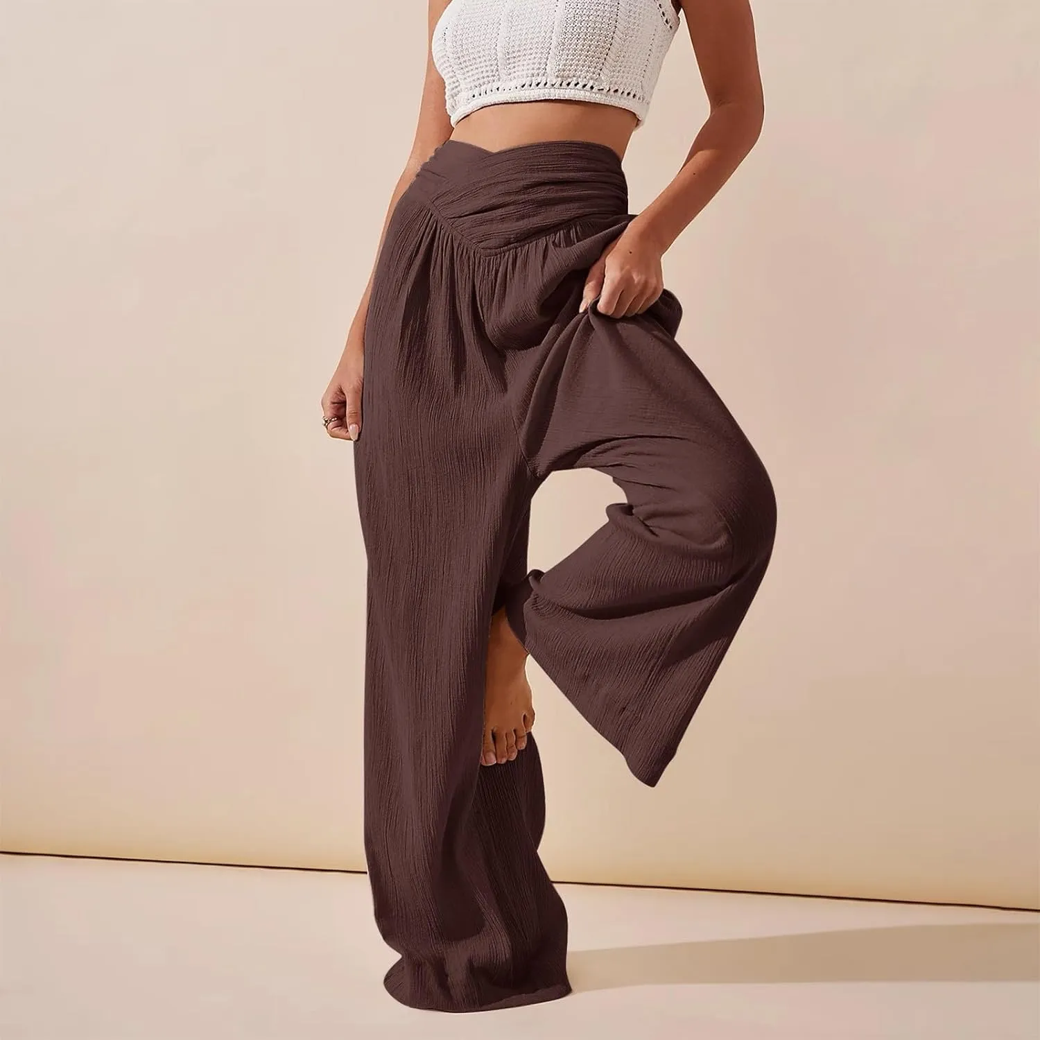 Womens Linen Pants Crossover High Waisted Wide Leg Pants Summer Casual Beach Pants Flowy Palazzo Pants with Pockets