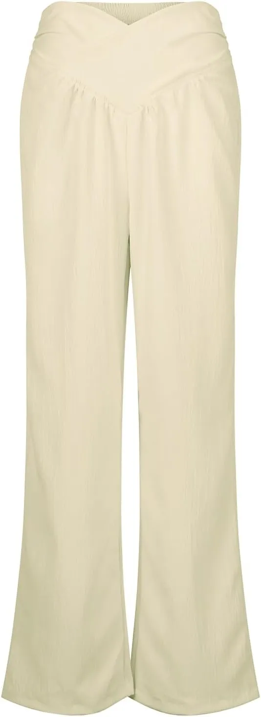 Womens Linen Pants Crossover High Waisted Wide Leg Pants Summer Casual Beach Pants Flowy Palazzo Pants with Pockets