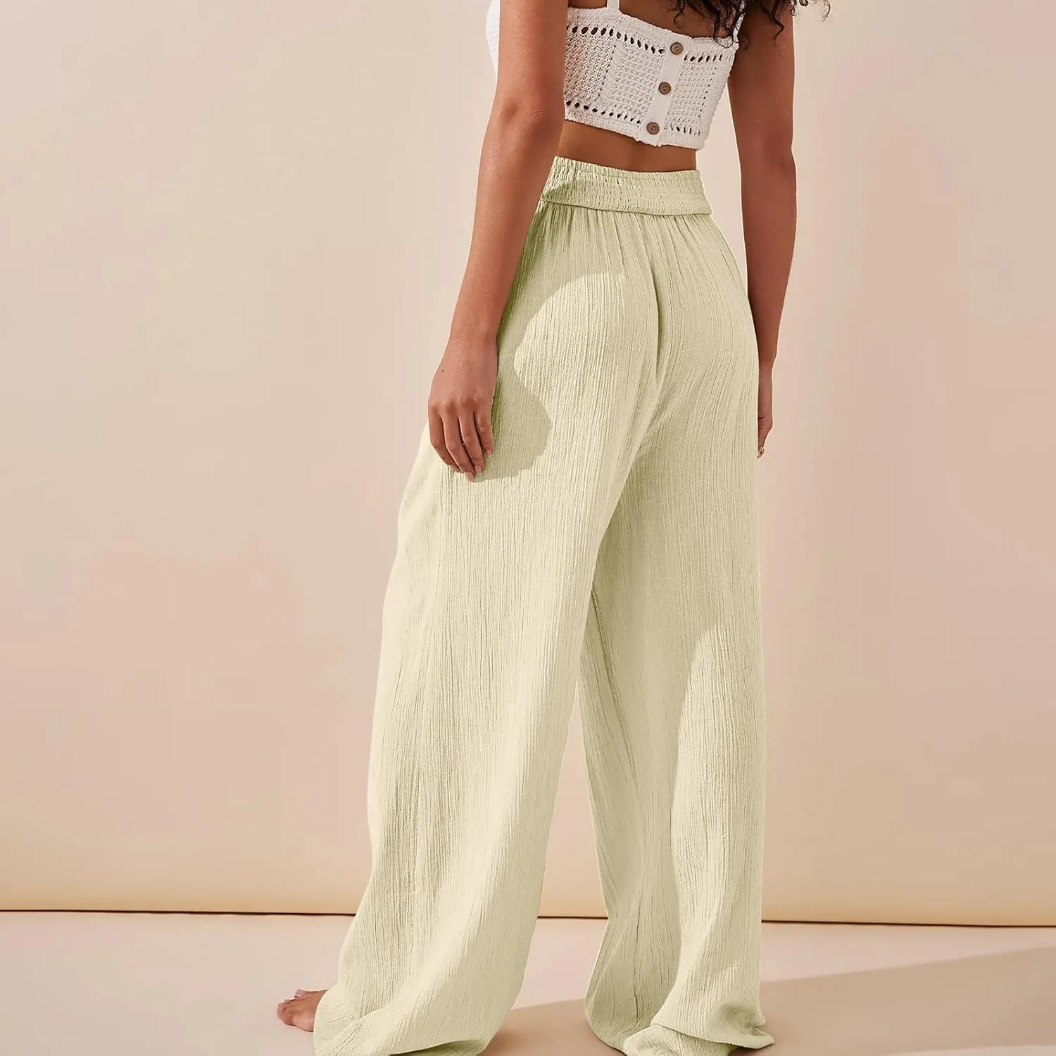 Womens Linen Pants Crossover High Waisted Wide Leg Pants Summer Casual Beach Pants Flowy Palazzo Pants with Pockets