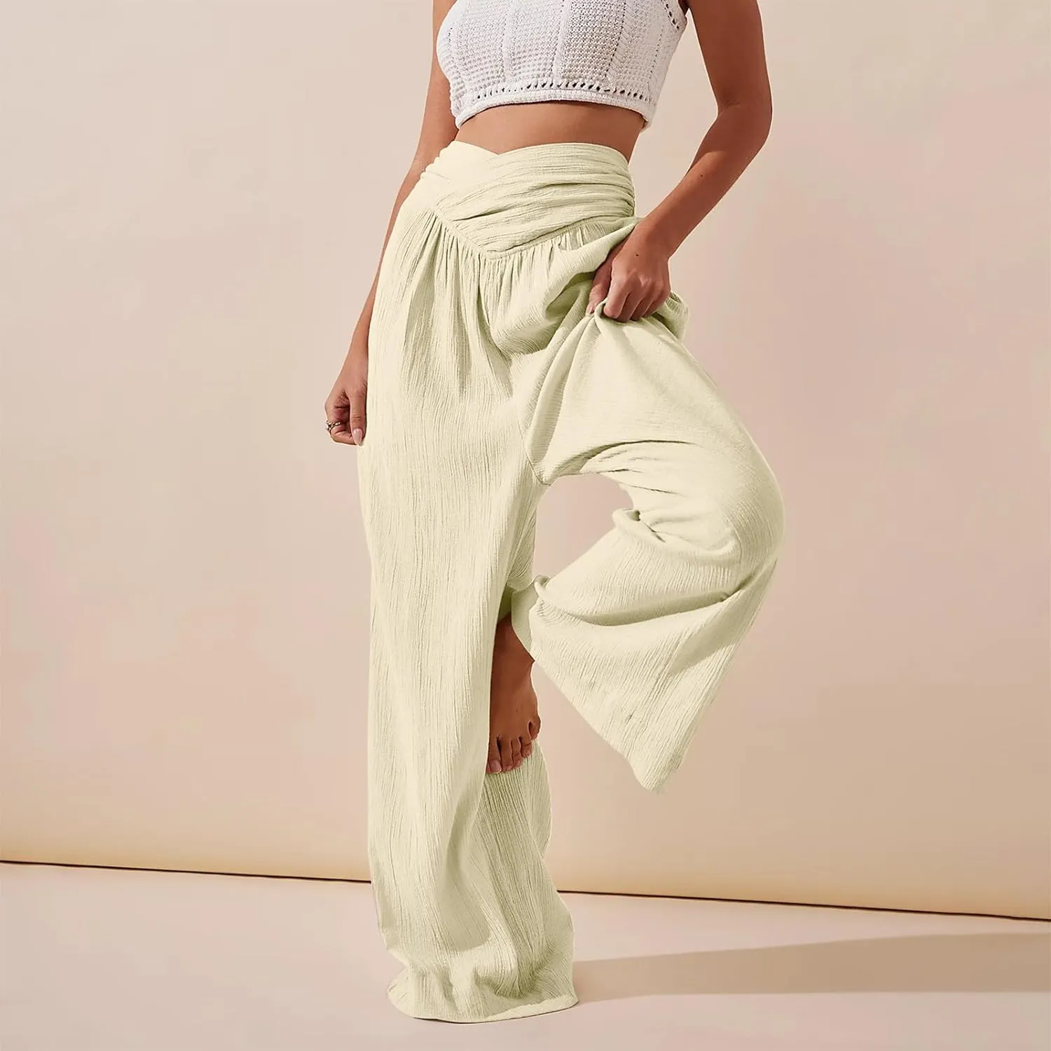 Womens Linen Pants Crossover High Waisted Wide Leg Pants Summer Casual Beach Pants Flowy Palazzo Pants with Pockets