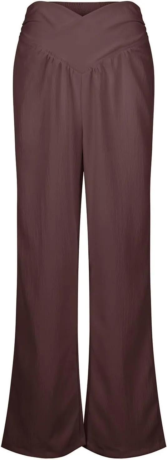 Womens Linen Pants Crossover High Waisted Wide Leg Pants Summer Casual Beach Pants Flowy Palazzo Pants with Pockets