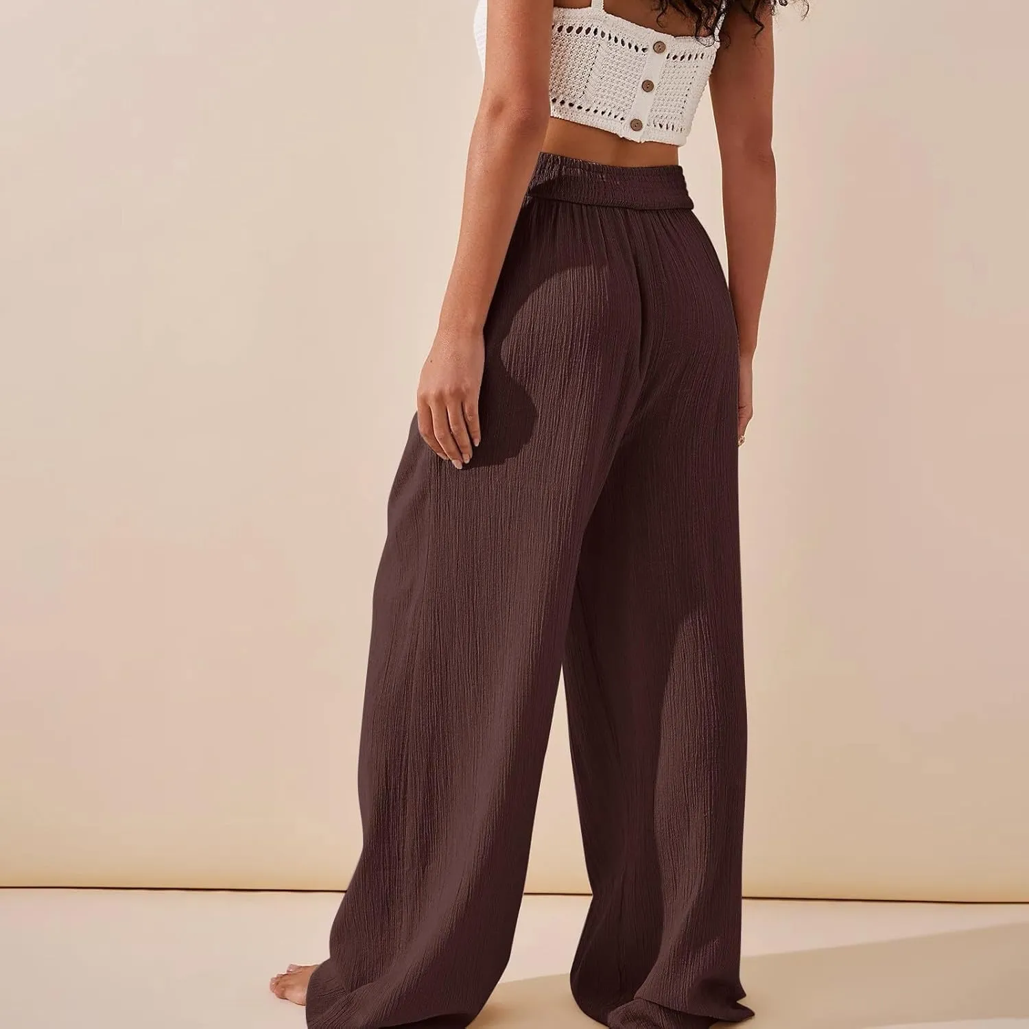 Womens Linen Pants Crossover High Waisted Wide Leg Pants Summer Casual Beach Pants Flowy Palazzo Pants with Pockets