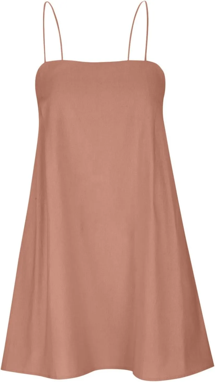 Womens Linen Spaghetti Strap Dress Sleeveless Cami A-Line Mini Dresses Cute Beach Party Comfortable Vacation Sundress