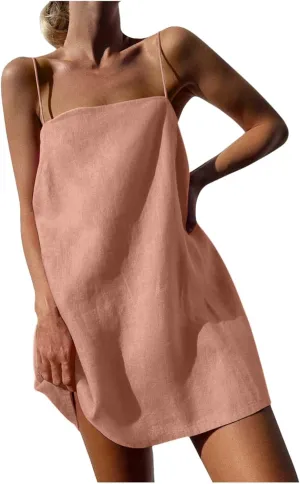 Womens Linen Spaghetti Strap Dress Sleeveless Cami A-Line Mini Dresses Cute Beach Party Comfortable Vacation Sundress