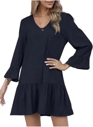 Women's Linen Tunic Dress Cute V Neck Long Sleeve Casual Loose Flowy Swing Ruffle Dresses Pleated A Line Mini Dress