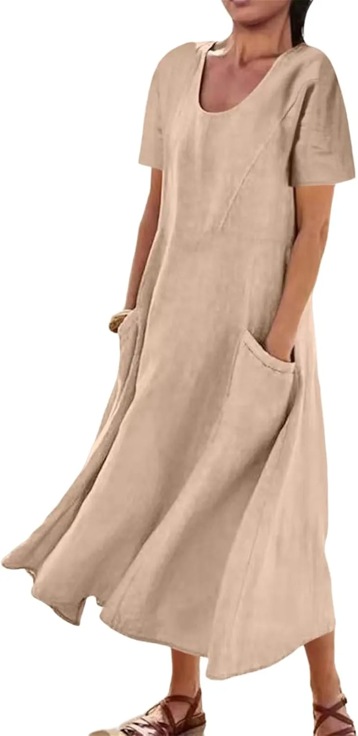 Women's Long Linen Cotton Summer Dresses Short Sleeve Elegant Flowy Dresses Loose Solid Loungewear Dress with Pockets