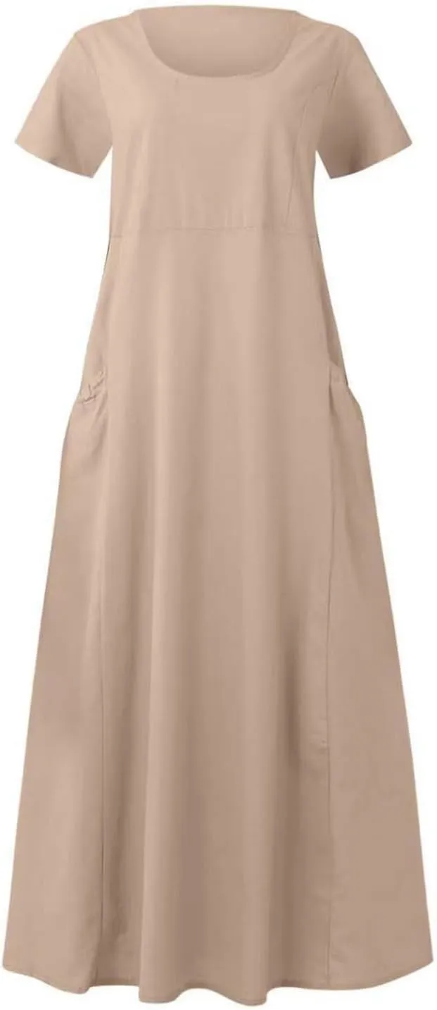 Women's Long Linen Cotton Summer Dresses Short Sleeve Elegant Flowy Dresses Loose Solid Loungewear Dress with Pockets