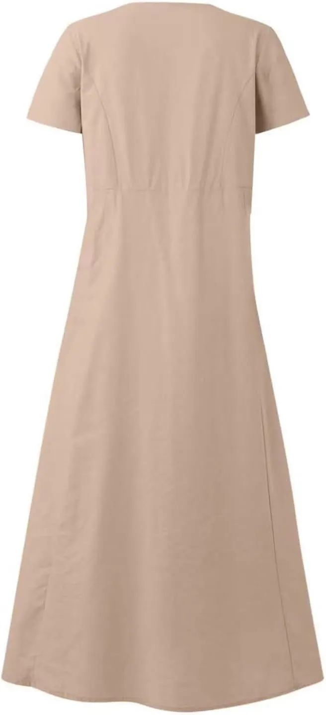 Women's Long Linen Cotton Summer Dresses Short Sleeve Elegant Flowy Dresses Loose Solid Loungewear Dress with Pockets