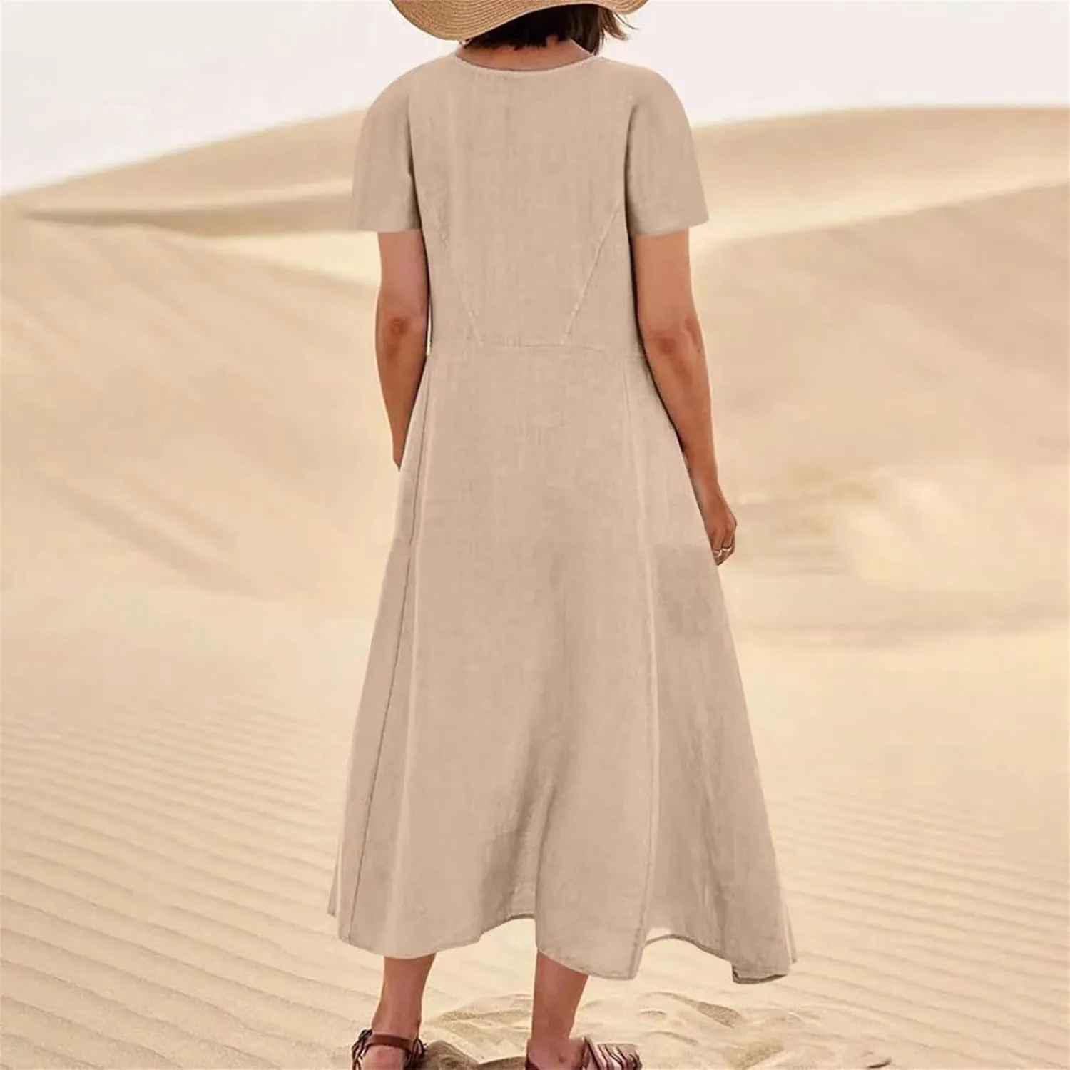 Women's Long Linen Cotton Summer Dresses Short Sleeve Elegant Flowy Dresses Loose Solid Loungewear Dress with Pockets