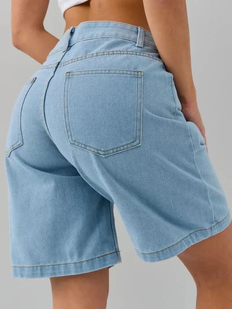 Women's Loose Denim Shorts Retro America Style High Waisted Straight Adjustable Waist Shorts