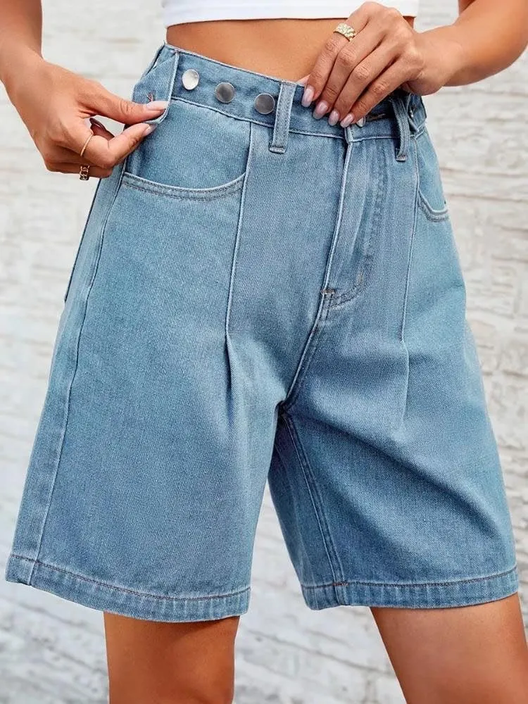 Women's Loose Denim Shorts Retro America Style High Waisted Straight Adjustable Waist Shorts