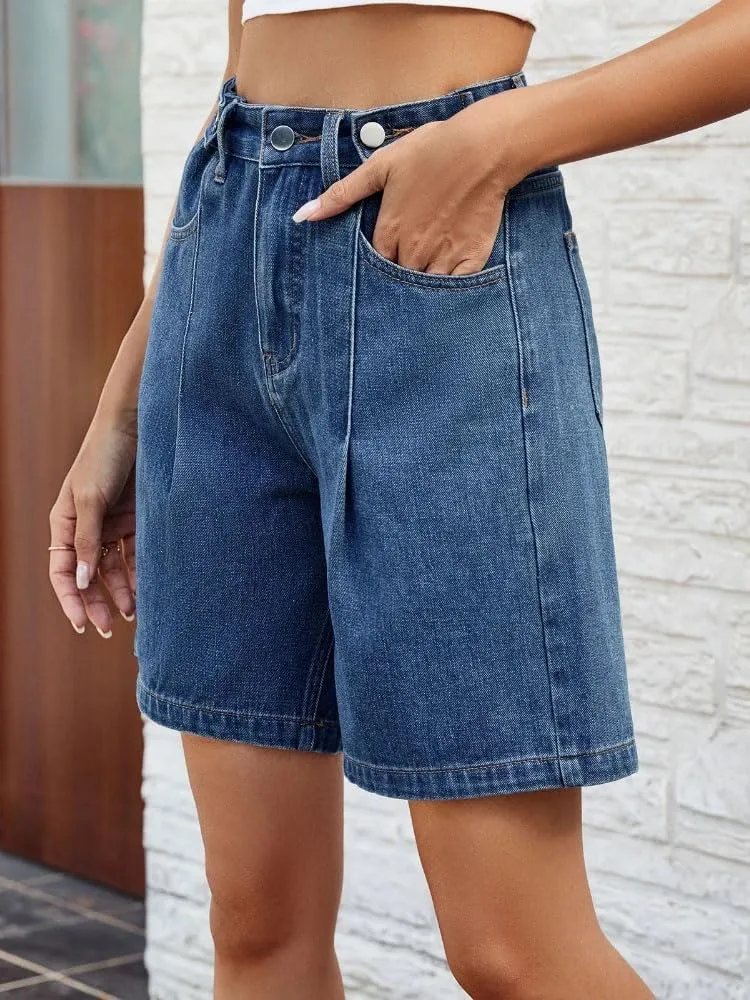 Women's Loose Denim Shorts Retro America Style High Waisted Straight Adjustable Waist Shorts
