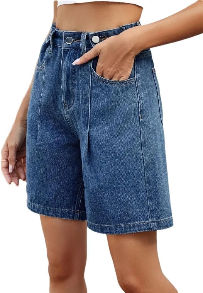 Women's Loose Denim Shorts Retro America Style High Waisted Straight Adjustable Waist Shorts