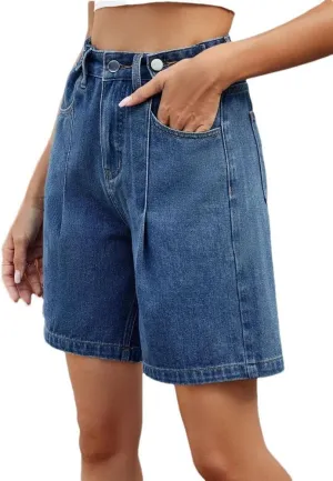 Women's Loose Denim Shorts Retro America Style High Waisted Straight Adjustable Waist Shorts