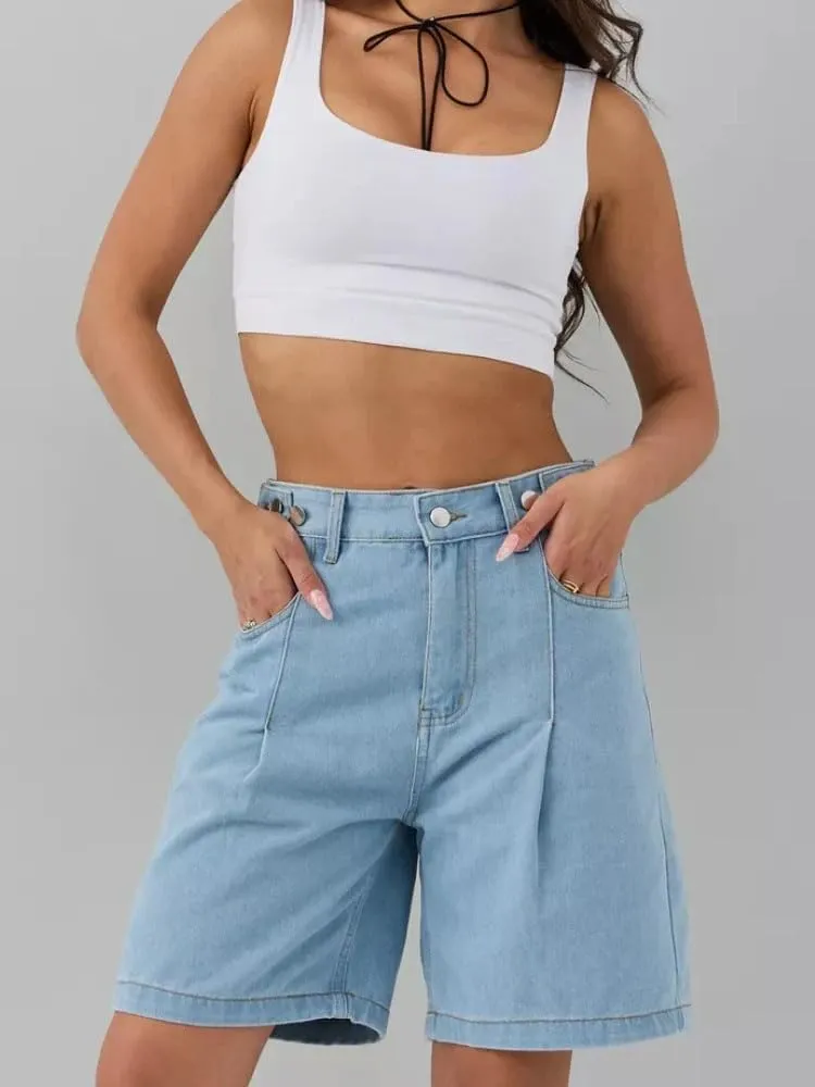 Women's Loose Denim Shorts Retro America Style High Waisted Straight Adjustable Waist Shorts