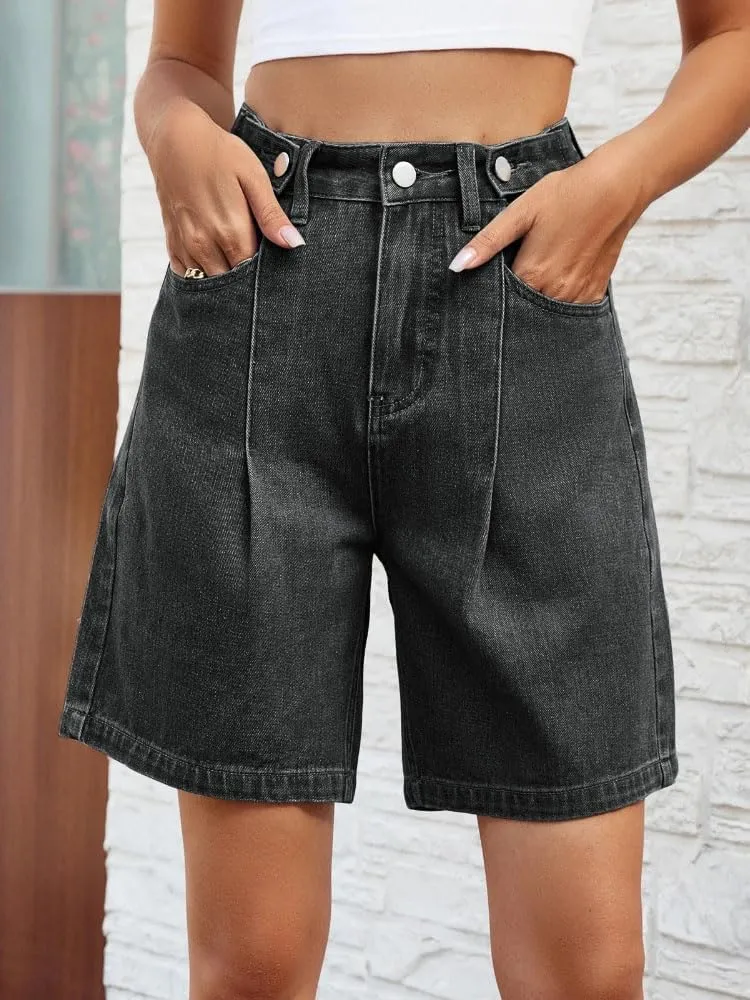 Women's Loose Denim Shorts Retro America Style High Waisted Straight Adjustable Waist Shorts