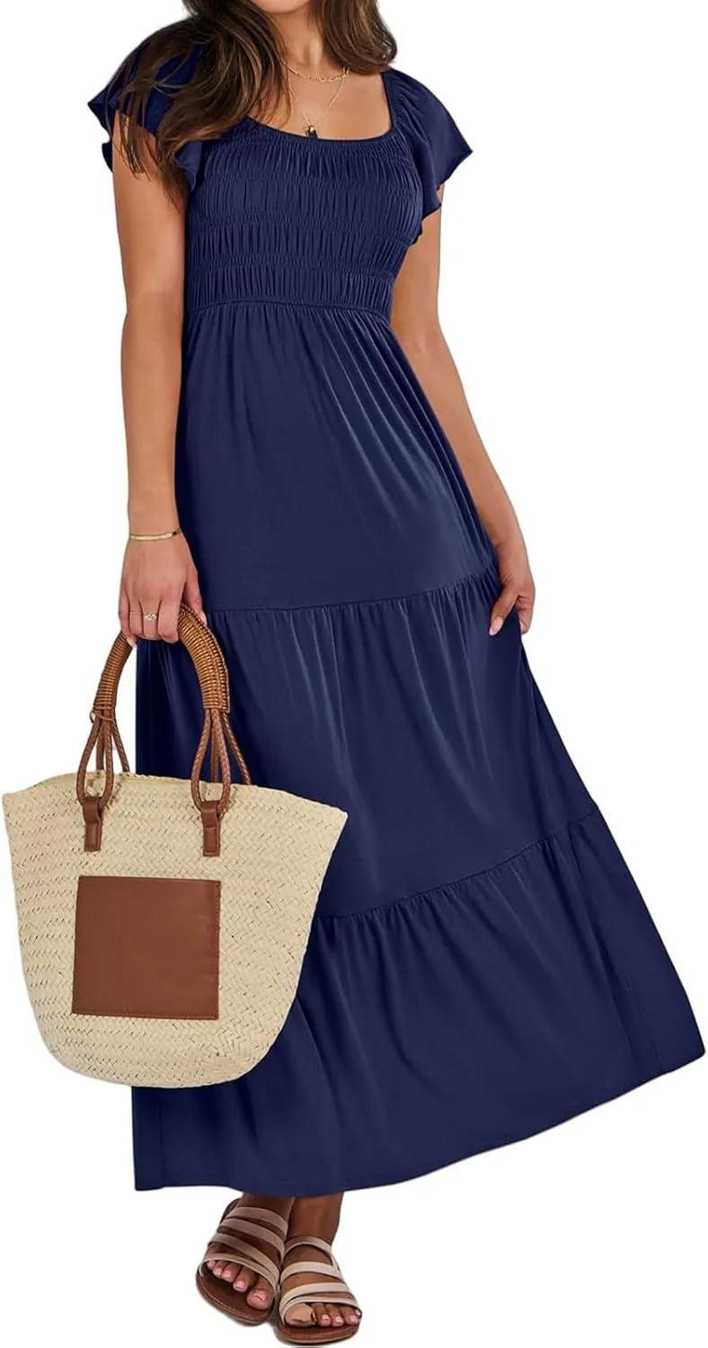Womens Maxi Dress Round Neck Ruffle Sleeve Long Dresses Empire Waist Tiered A-Line Dress Casual Boho Flowy Dresses