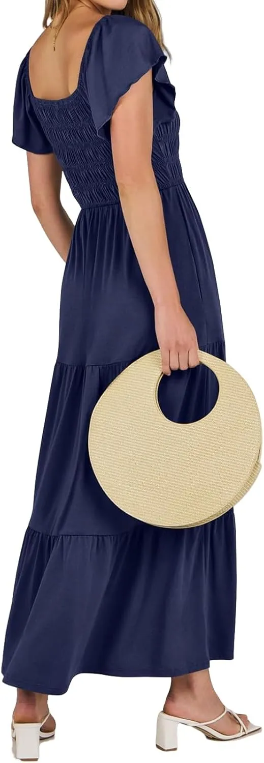 Womens Maxi Dress Round Neck Ruffle Sleeve Long Dresses Empire Waist Tiered A-Line Dress Casual Boho Flowy Dresses