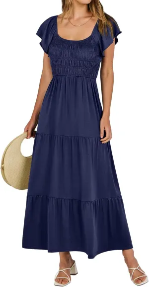 Womens Maxi Dress Round Neck Ruffle Sleeve Long Dresses Empire Waist Tiered A-Line Dress Casual Boho Flowy Dresses
