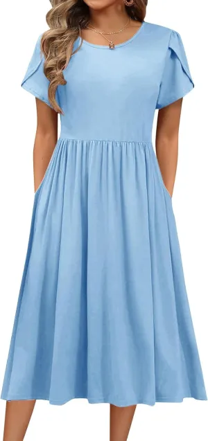 Women's Maxi Dresses Short Sleeve Crewneck Dresses Ruffle Flowy Flutter Ruffle Hem Dress Solid Color Dress Pocket