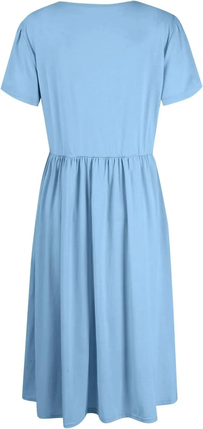 Women's Maxi Dresses Short Sleeve Crewneck Dresses Ruffle Flowy Flutter Ruffle Hem Dress Solid Color Dress Pocket