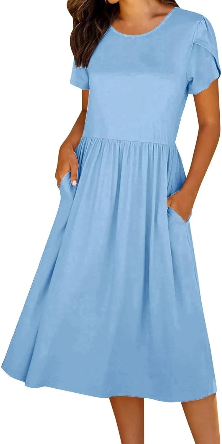 Women's Maxi Dresses Short Sleeve Crewneck Dresses Ruffle Flowy Flutter Ruffle Hem Dress Solid Color Dress Pocket
