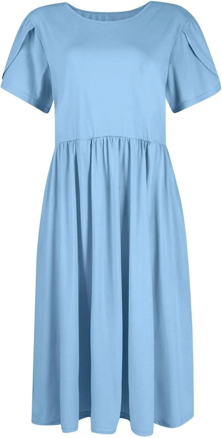 Women's Maxi Dresses Short Sleeve Crewneck Dresses Ruffle Flowy Flutter Ruffle Hem Dress Solid Color Dress Pocket