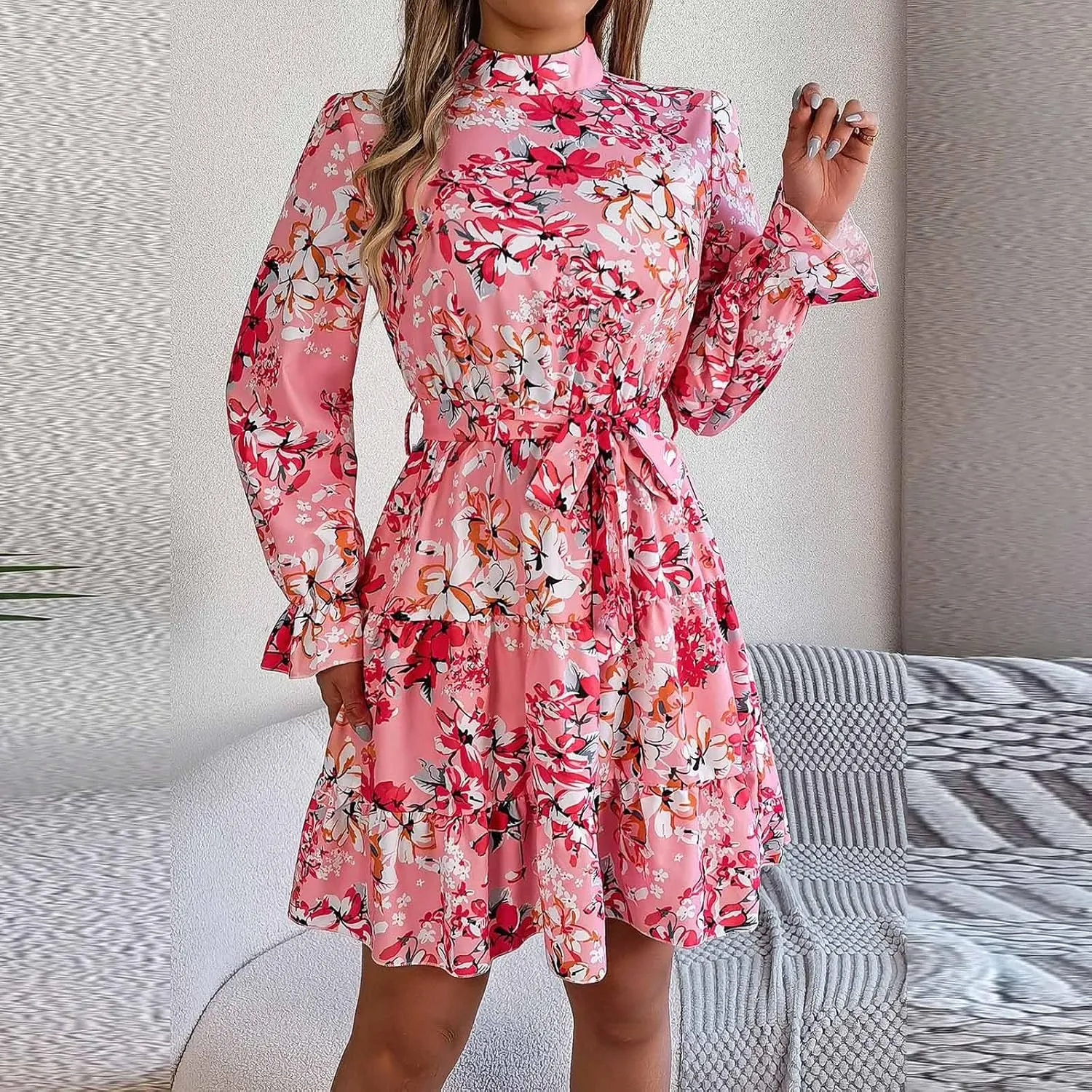 Women's Mini Dress Mock Neck Long Puff Sleeve Button Down Tie Waist Floral Print Pleated A Line Flowy Dresses Floral Dresses