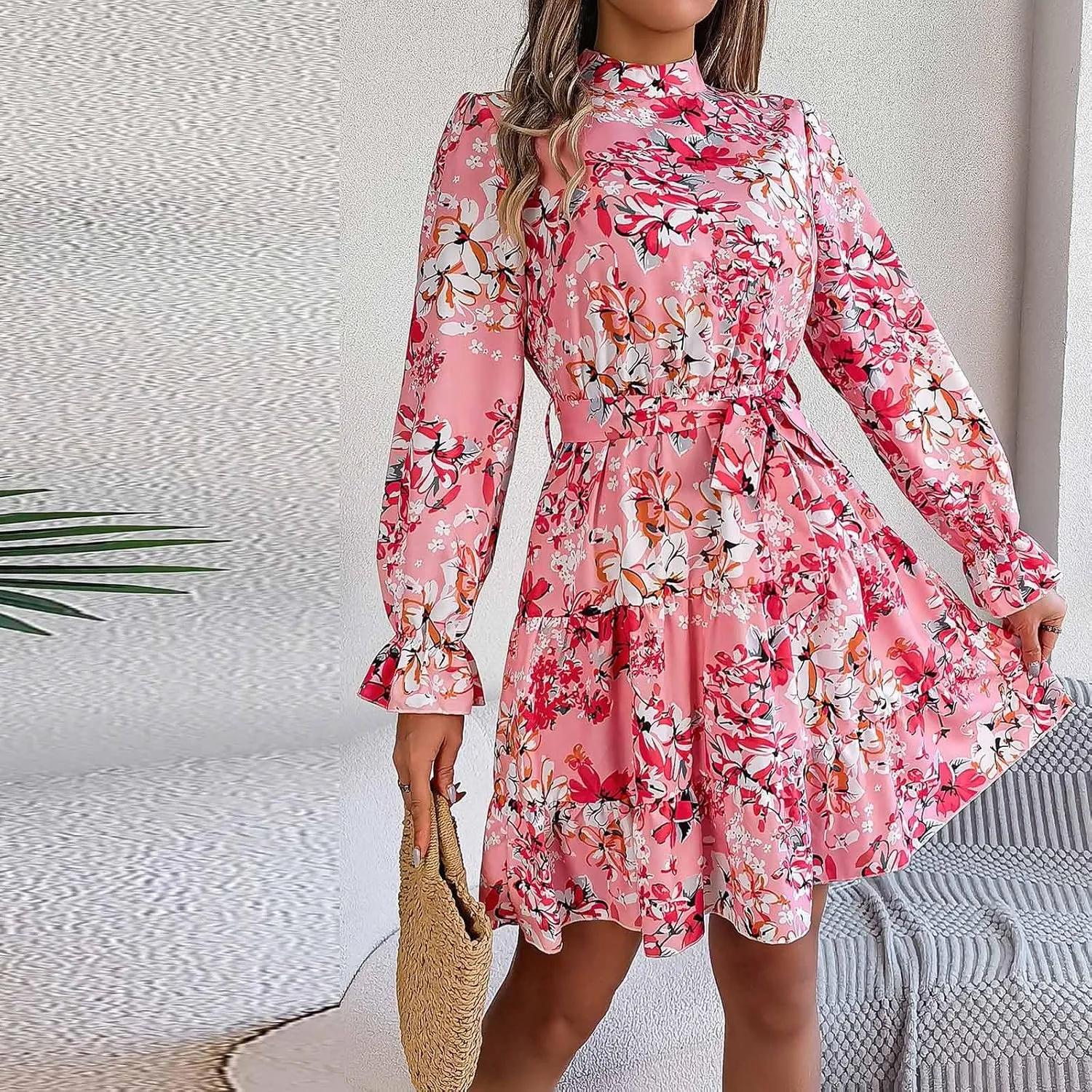 Women's Mini Dress Mock Neck Long Puff Sleeve Button Down Tie Waist Floral Print Pleated A Line Flowy Dresses Floral Dresses