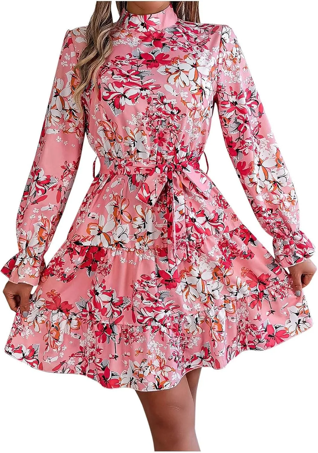 Women's Mini Dress Mock Neck Long Puff Sleeve Button Down Tie Waist Floral Print Pleated A Line Flowy Dresses Floral Dresses