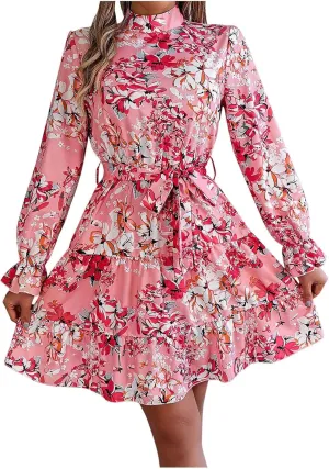 Women's Mini Dress Mock Neck Long Puff Sleeve Button Down Tie Waist Floral Print Pleated A Line Flowy Dresses Floral Dresses