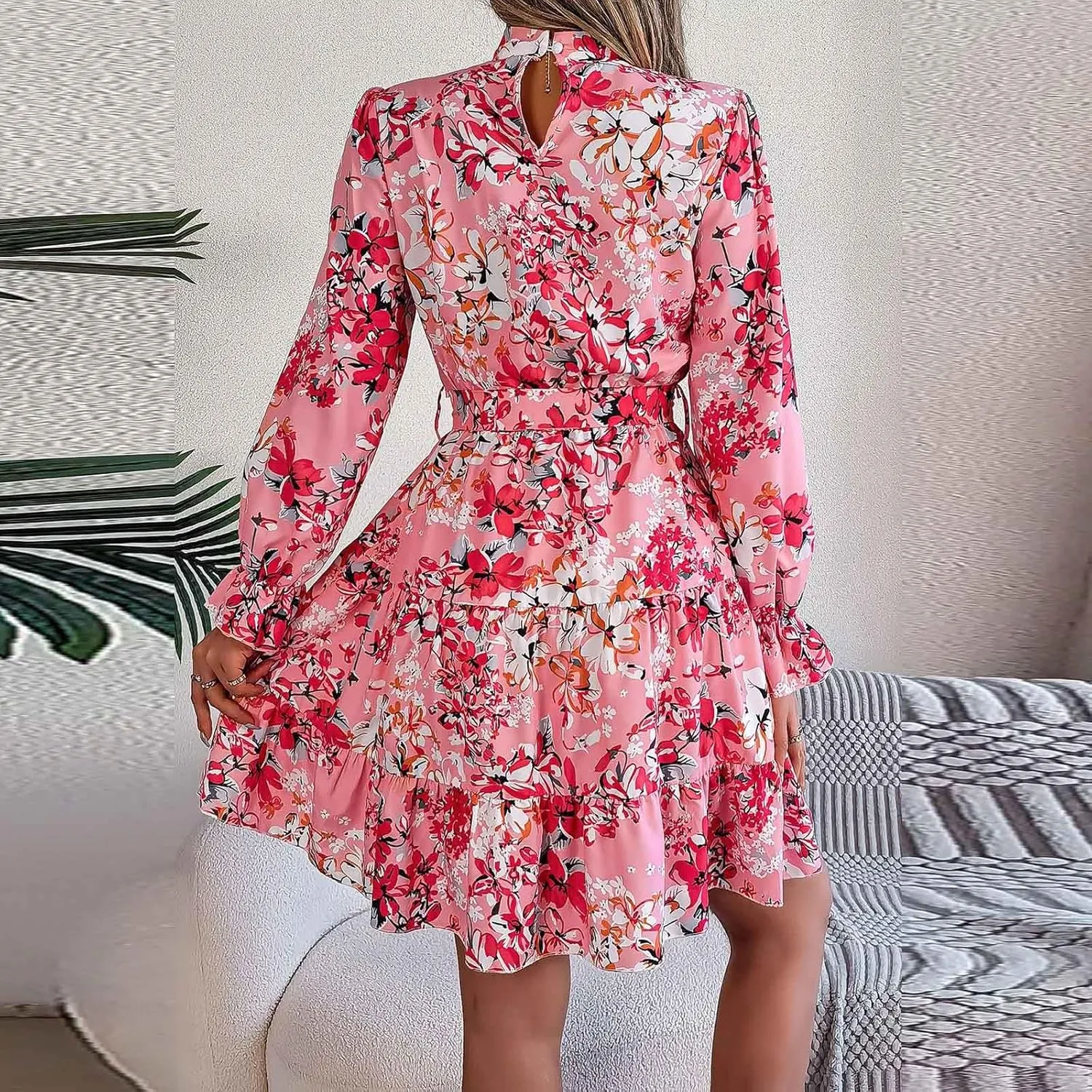 Women's Mini Dress Mock Neck Long Puff Sleeve Button Down Tie Waist Floral Print Pleated A Line Flowy Dresses Floral Dresses