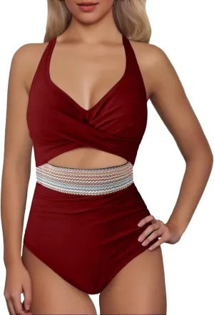 Women's One Piece Swimsuits Tummy Control Bathing Suit Color Block Monokini Swimwear Full Coverage V Neck Swim Suits