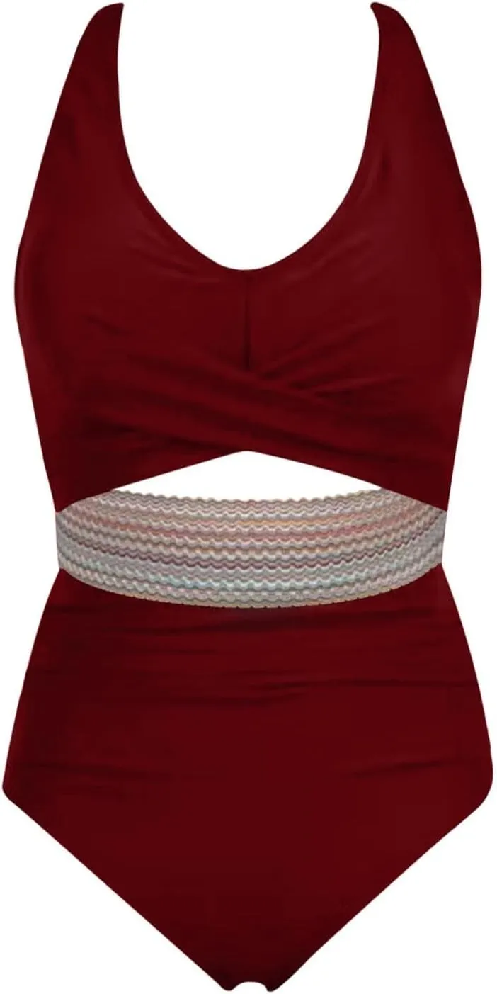 Women's One Piece Swimsuits Tummy Control Bathing Suit Color Block Monokini Swimwear Full Coverage V Neck Swim Suits