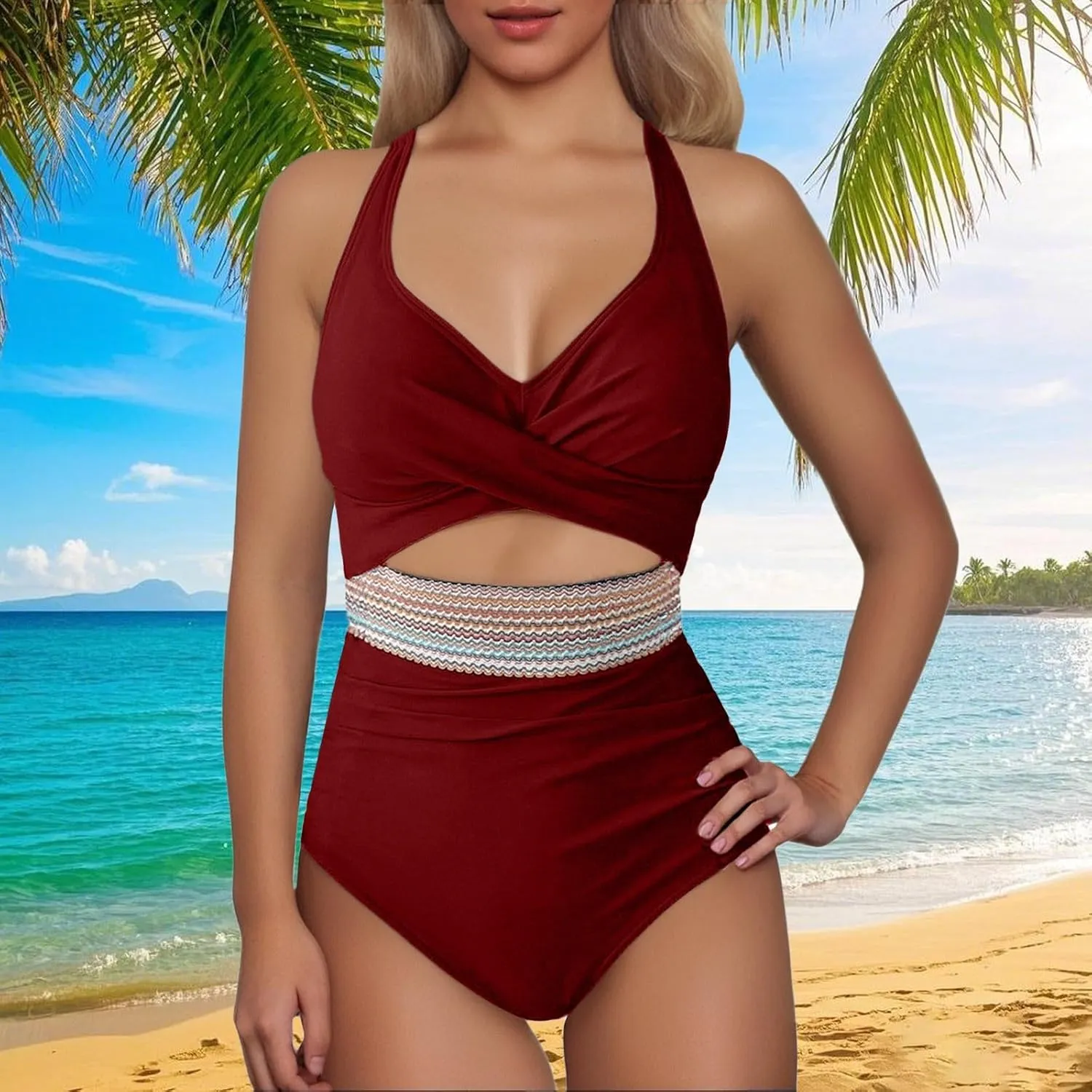 Women's One Piece Swimsuits Tummy Control Bathing Suit Color Block Monokini Swimwear Full Coverage V Neck Swim Suits