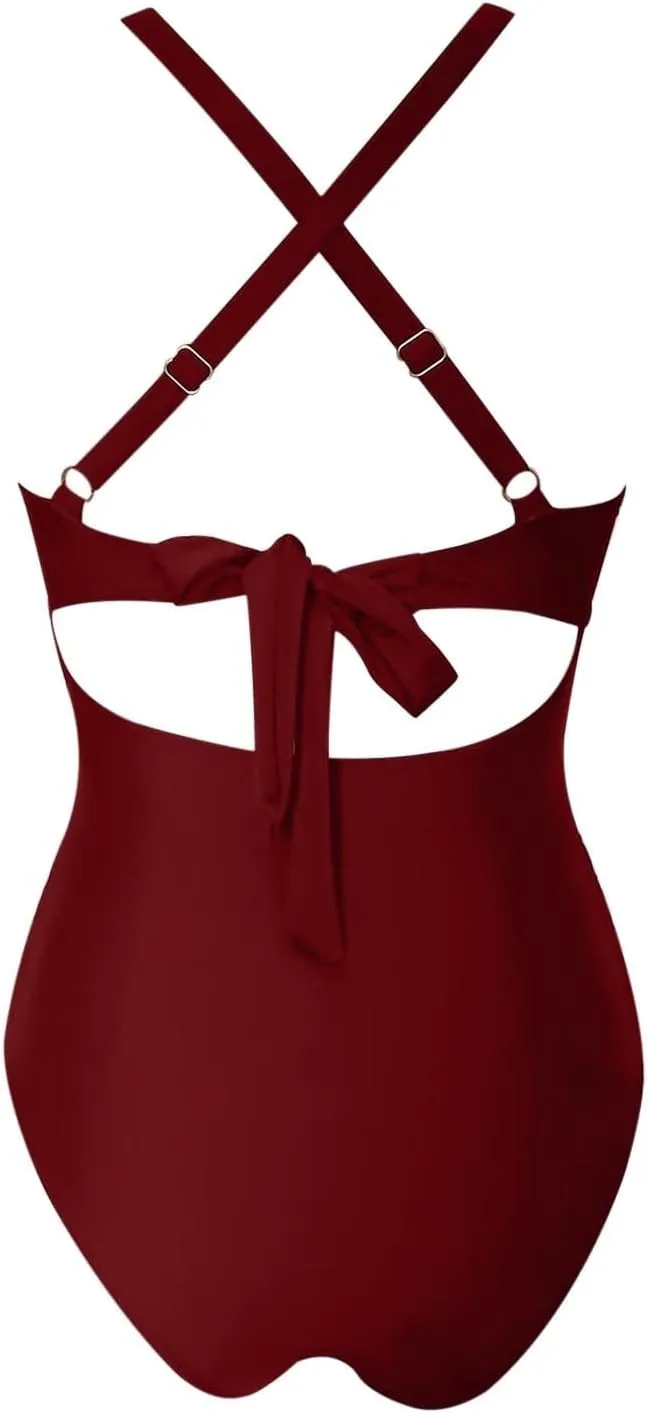 Women's One Piece Swimsuits Tummy Control Bathing Suit Color Block Monokini Swimwear Full Coverage V Neck Swim Suits
