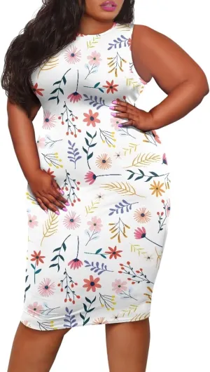 Women's Plus Size Floral Dress for Women Casual Sleeveless Midi Dress Comfy Crewneck Wrap Dress Bodycon Dress
