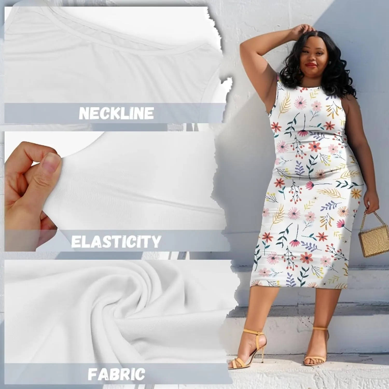 Women's Plus Size Floral Dress for Women Casual Sleeveless Midi Dress Comfy Crewneck Wrap Dress Bodycon Dress