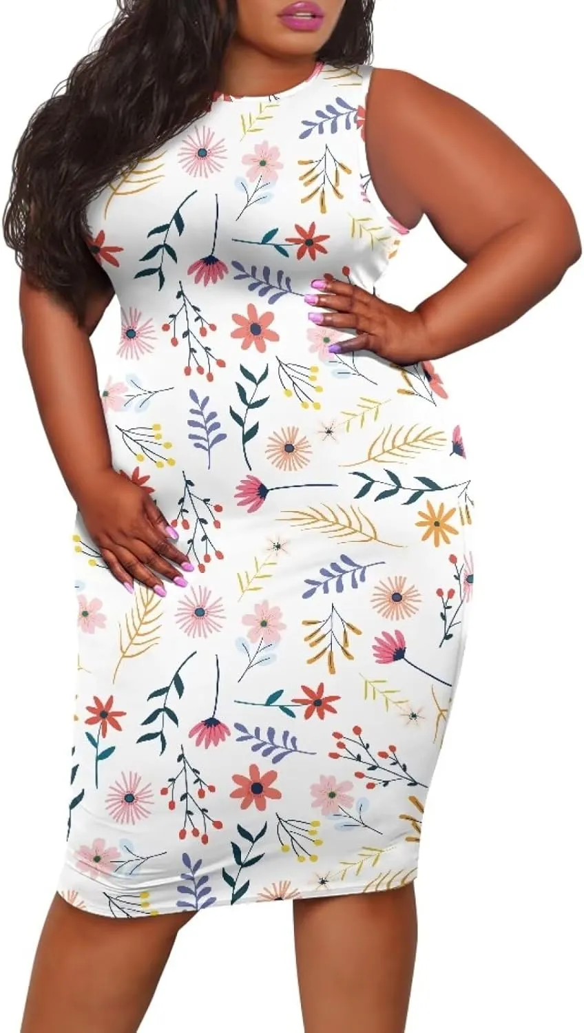 Women's Plus Size Floral Dress for Women Casual Sleeveless Midi Dress Comfy Crewneck Wrap Dress Bodycon Dress