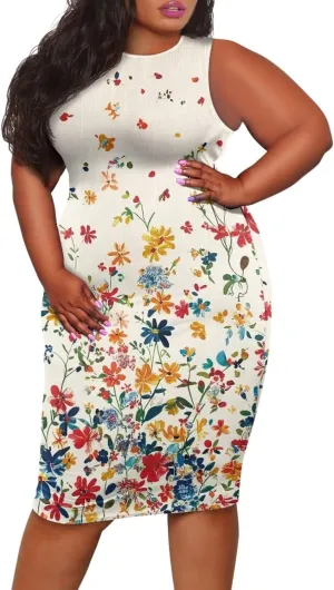 Women's Plus Size Floral Dress for Women Casual Sleeveless Midi Dress Comfy Crewneck Wrap Dress Bodycon Dress