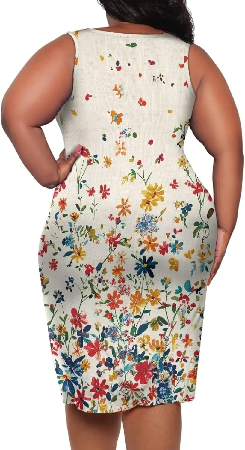 Women's Plus Size Floral Dress for Women Casual Sleeveless Midi Dress Comfy Crewneck Wrap Dress Bodycon Dress