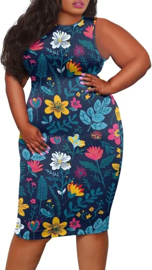 Women's Plus Size Floral Dress for Women Casual Sleeveless Midi Dress Comfy Crewneck Wrap Dress Bodycon Dress