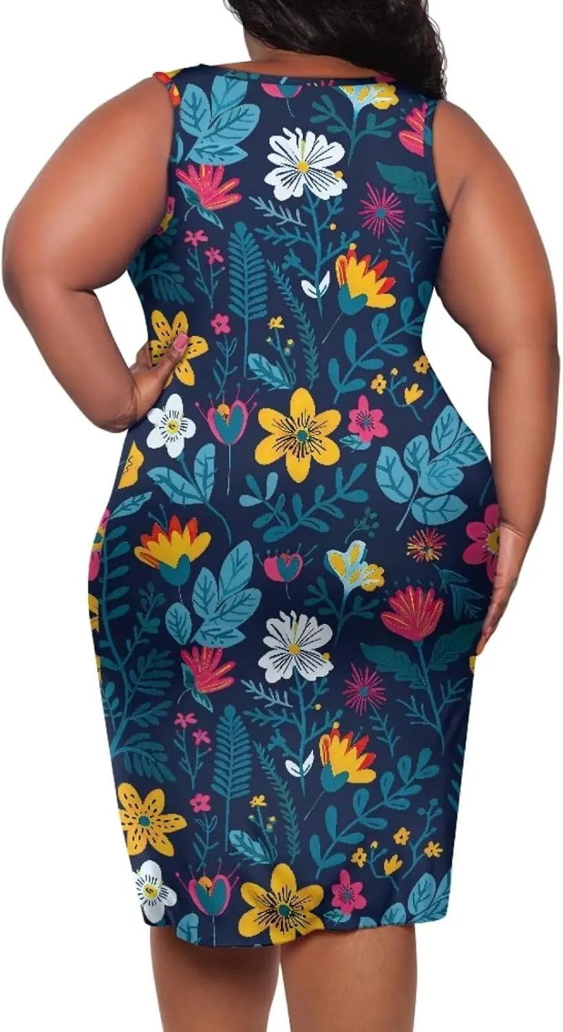 Women's Plus Size Floral Dress for Women Casual Sleeveless Midi Dress Comfy Crewneck Wrap Dress Bodycon Dress
