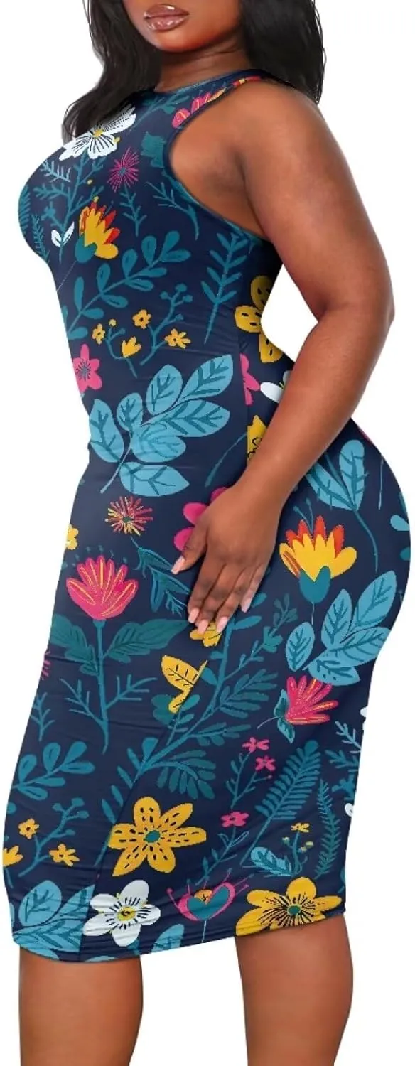 Women's Plus Size Floral Dress for Women Casual Sleeveless Midi Dress Comfy Crewneck Wrap Dress Bodycon Dress