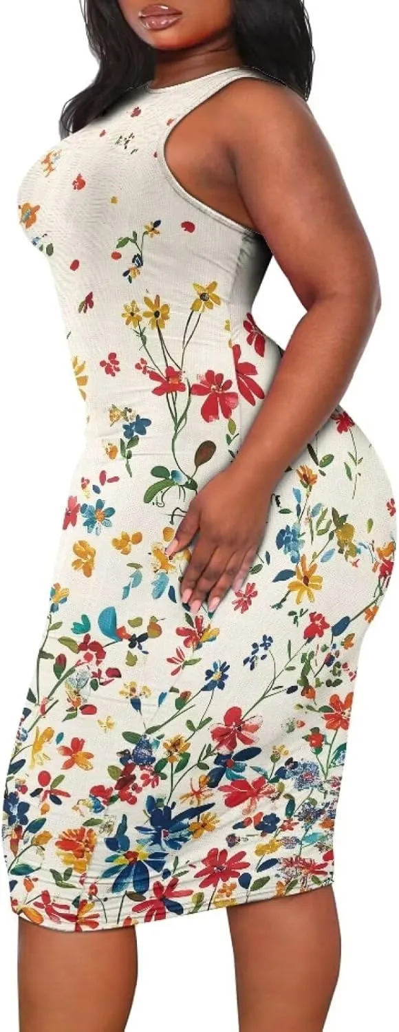 Women's Plus Size Floral Dress for Women Casual Sleeveless Midi Dress Comfy Crewneck Wrap Dress Bodycon Dress