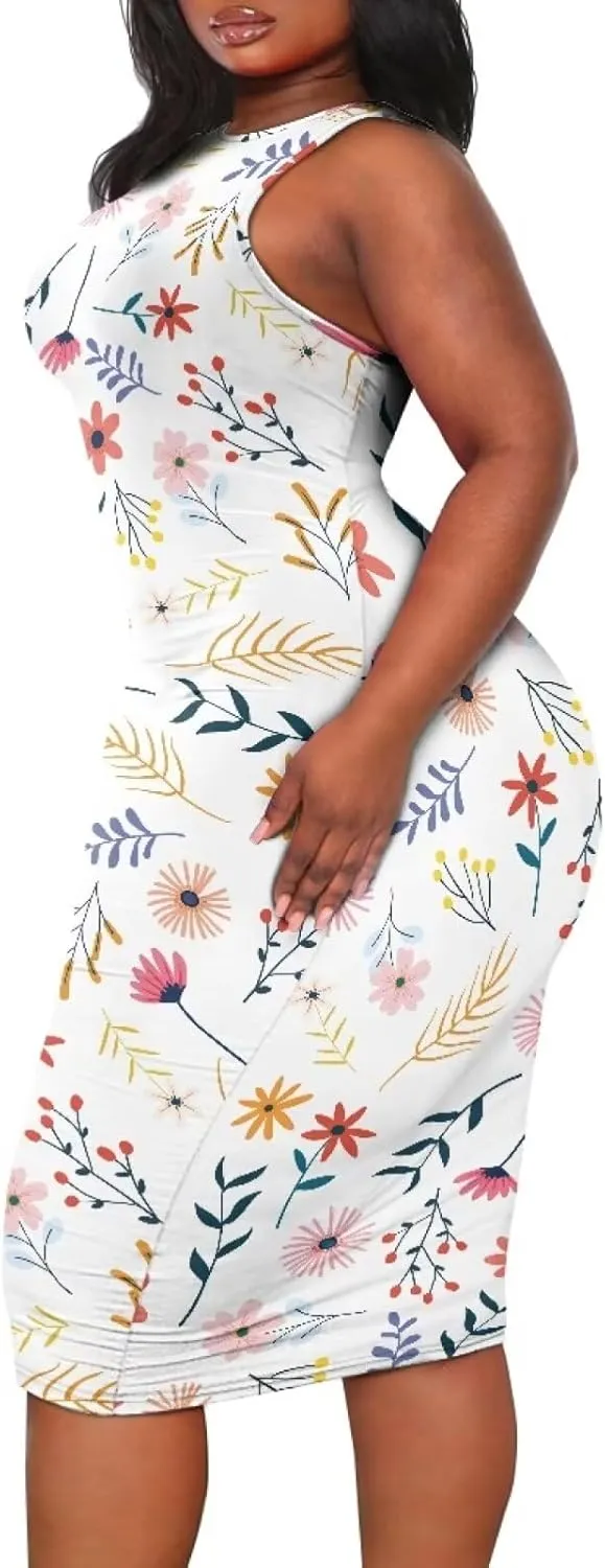 Women's Plus Size Floral Dress for Women Casual Sleeveless Midi Dress Comfy Crewneck Wrap Dress Bodycon Dress